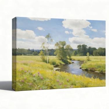 Imagem de Arte de parede de paisagem campestre, impressão de pintura a óleo Serene River & Meadow em tela, decoração de campo impressionista para sala de estar e quarto, estilo rústico de casa de fazenda, 20 x