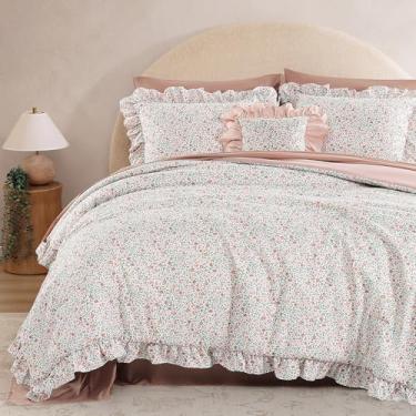Imagem de BLOOMHAVEN Conjunto de edredom solteiro GG – 5 peças de cama de fazenda chique gasto em uma bolsa, edredom floral, lençóis, fronhas e fronhas