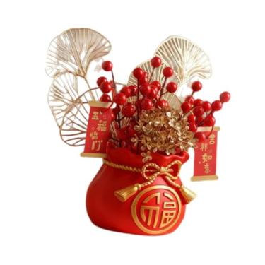 Imagem de Ｂｅｓｇａ Enfeite de mesa com buquê de flores artificiais para decoração do Ano Chinês, arranjo floral decorativo com pingentes para mesa.