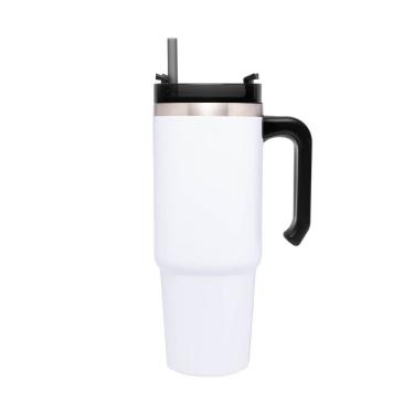 Imagem de Copo Térmico Aço Inox Branco Slimterm C/Parede Dupla, Alça, Tampa e Canudo Plástico Cinza 890ml Wolff