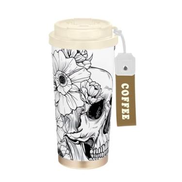 Imagem de Caneca de viagem de café 40 ml com canudo e tampa, revestimento cerâmico isolado a vácuo aço inoxidável copo de café para viagem à prova de vazamento, crânios brancos flores folhas rosa