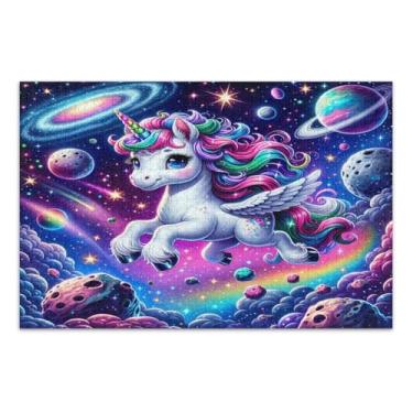 Imagem de Quebra-cabeças difíceis de unicórnio de desenho animado na galáxia para adultos com letras nas costas 1000 peças