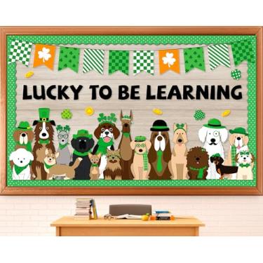 Imagem de Decoração de quadro de avisos do Dia de São Patrício para aprendizado de cães de estimação, quadro de avisos para sala de aula, trevo da sorte, moedas douradas, recortes de papel para artigos de festa