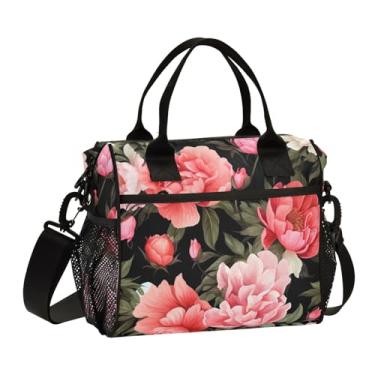 Imagem de GAIGEO Lancheira de flores de peônia em aquarela com ombro preto, lancheiras femininas, lancheira para escola, M