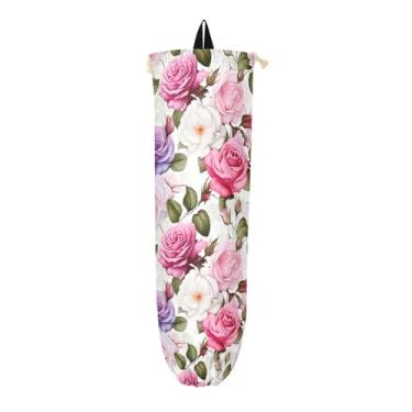 Imagem de Dispensador de sacola de compras colorida de rosas aquarela, bolsa para sacolas plásticas, bolsa de armazenamento de cozinha, 1 pacote