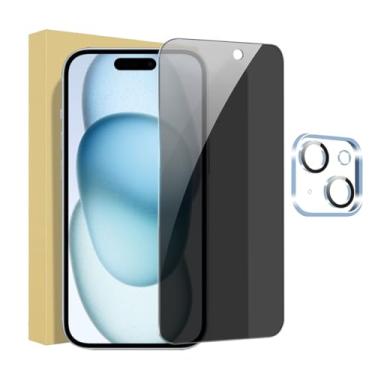 Imagem de 1 + 1 pacote para iPhone 15 protetor de tela de privacidade com protetor de lente de câmera cobertura total filme de vidro temperado anti-espião dureza 9H fácil instalação sem bolhas [6,1 polegadas]