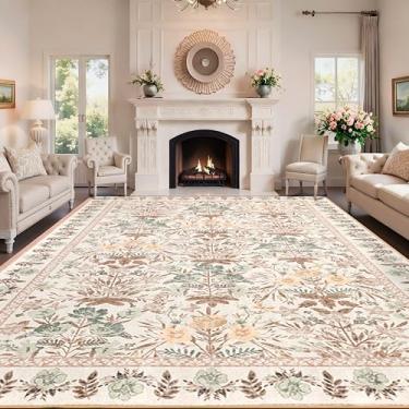 Imagem de Arvenchy Tapete de área para sala de estar: Tapete floral boho lavável antiderrapante de flores de pelo baixo para sala de jantar, cabeceira, cozinha, quarto infantil, escritório, dormitório de