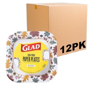 Imagem de Glad Pratos de papel descartáveis para uso diário com design de folhagem caindo | Pratos de papel resistentes a cortes e micro-ondas para todos os alimentos e uso diário | 25 cm, 50 unidades - pacote