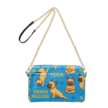 Imagem de Joitme Bolsa transversal para mulheres, bolsa para celular, fofa, engraçada, buldogues franceses, azul, PU, bolsa de ombro com alça de corrente