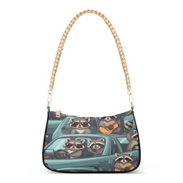 Imagem de Bolsa de ombro divertida de corrente azul guaxinins de desenho animado, linda bolsa Hobo média para mulheres, bolsa clutch moderna para todos os dias e festas