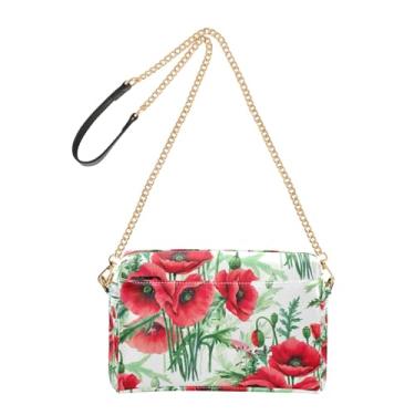 Imagem de Joitme Bolsa feminina transversal para celular bolsa de ombro de couro PU com alça de corrente floral vermelha flor verde folhas