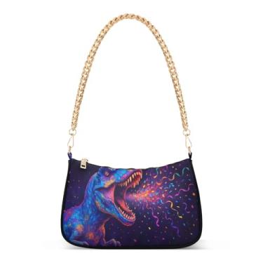 Imagem de Bolsa de ombro preta de dinossauro neon colorido, bolsa de mão Hobo artística para mulheres, bolsa clutch média moderna para noite