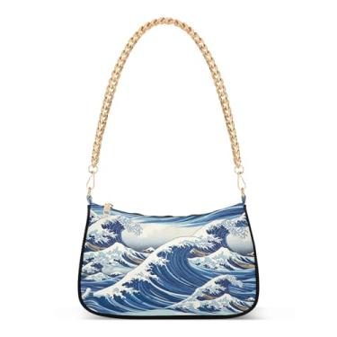 Imagem de Bolsa de ombro com corrente Blue Ocean Waves, bolsa de mão Hobo com estampa artística para mulheres, elegante bolsa média clutch