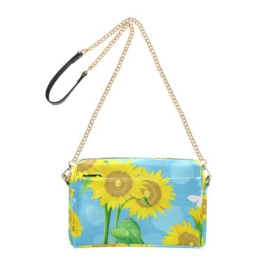 Imagem de Joitme Bolsa feminina tiracolo bolsa de telefone linda bolsa de ombro de couro PU alça de corrente amarelo girassóis borboletas azul