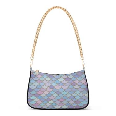 Imagem de Bolsa de ombro colorida com corrente de escamas de sereia, linda bolsa Hobo média para mulheres, bolsa de mão moderna com função de embreagem