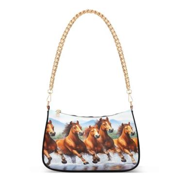 Imagem de Bolsa de ombro de corrente marrom com cavalo fixe, bolsa feminina Hobo com estampa artística e grande capacidade