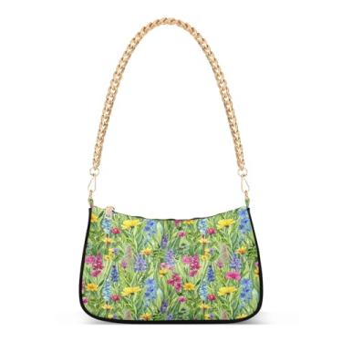 Imagem de Bolsa de ombro com corrente de folhagem verde flores silvestres aquarela, bolsa feminina Hobo, bolsa média elegante para uso diário e noite