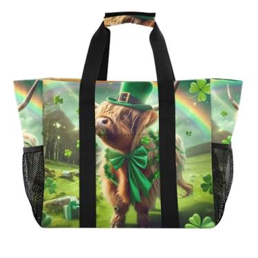 Imagem de Bolsa de viagem com tigre da selva, impermeável, reutilizável, para cozinha, supermercado, lona, natação, animal, praia, bolsas femininas modernas, Dia de São Patrício Highland Cow Green, 15.4 X 9.8 X