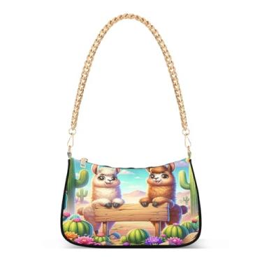 Imagem de Linda bolsa de ombro com corrente colorida Lhamas de desenho animado, bolsa feminina Hobo com grande capacidade, bolsa versátil para uso diário ou festa