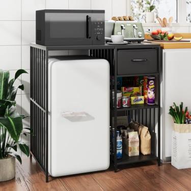 Imagem de VOWNER Mini armário de geladeira com tomada, 3 andares, estilo industrial, cozinha, microondas, prateleira de padeiro com gaveta, prateleira de armazenamento para cozinha doméstica, dormitório