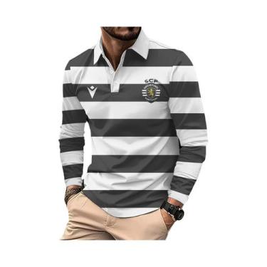 Imagem de Camisas Polo Clássicas Masculinas De Manga Longa Com Listras, Confortá