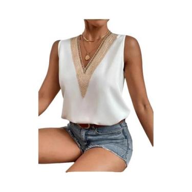 Imagem de Blusa Branca Sem Mangas Com Decote Em V E Renda, Estilo Casual De Verã