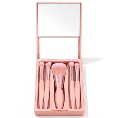 Imagem de Conjunto de pincéis de maquiagem para viagem – Kit de mini pincéis portáteis de 5 peças com espelho para sombra de olhos blush e pó, ferramentas cosméticas profissionais (rosa)