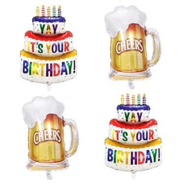 Imagem de BIEUFBJI Caneca de cerveja com balão de feliz aniversário colorido com tema de cerveja de balão Mylar para festivais de cerveja, suprimentos de decoração de festa de aniversário (4 peças)