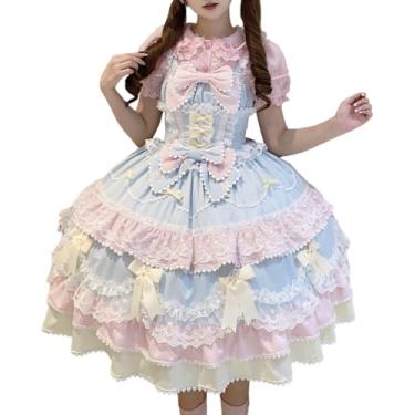 Imagem de Cuteighteen Vestido Lolita sem mangas para adolescentes Kawaii princesa vitoriana anime cosplay acabamento em camadas babados vestidos de festa chá (EUA, alfa, médio, azul)