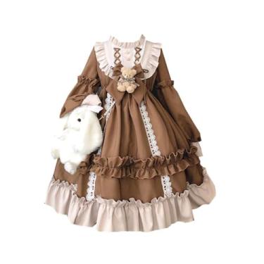 Imagem de GYATSOCYG Vestido de princesa Lolita para meninas, kawaii, saia de chiffon de manga comprida, lindo vestido de menina marrom, Marrom, Tamanho Único