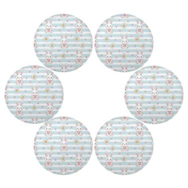 Imagem de Wassud Jogo americano conjunto de 6 tapetes redondos de desenho animado com listras de coelho para cozinha e jantar tapetes laváveis resistentes ao calor para decoração de mesa 39 cm