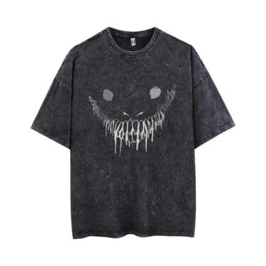 Imagem de Camiseta Masculina Retrô Hip Hop Vintage Lavada Com Estampa De Anime H