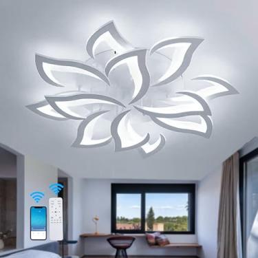Imagem de Luminária de teto tricolor para sala de estar, com intensidade regulável, função de memória, controle remoto e aplicativo, lustre moderno em acrílico para quarto - Branco