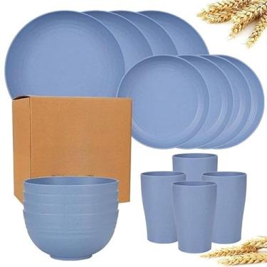 Imagem de Conjunto de 16 Peças Reutilizáveis – 8 Pratos + 4 Bowls + 4 Copos, Louça de Mesa Ideal para Refeições Domésticas e Família (KIT16-Azul)