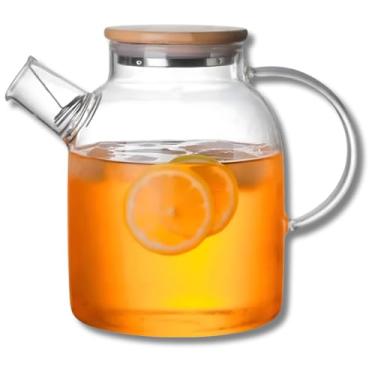 Imagem de Jarra de Vidro Borossilicato 1.8L com Tampa de Bambu Vedada para Água, Suco, Chá Gelado e Bebidas Quentes – Design Minimalista Resistente, Ideal para Mesa Posta e Geladeira