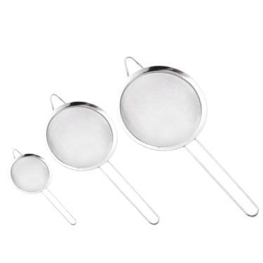 Imagem de Conjunto de 3 filtros de malha fina de aço inoxidável (pequeno/médio/grande) – Peneira de metal com alça, ideal para arroz/suco/quinoa/farinha, utensílios de cozinha e coar