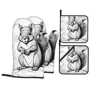 Imagem de Luvas de cozinha resistentes ao calor com estampa de esquilos de desenho animado e suporte de panela, luvas de forno confortáveis para cozinhar