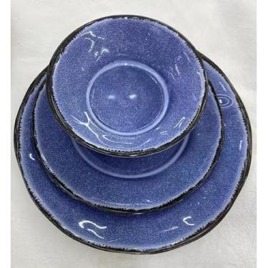 Imagem de Jogo de Pratos de Melamina com Textura Envelhecida – 3 Tamanhos (17.50/23.00/27.30cm), Ideal para Refeições Domésticas e Eventos Casuais (Azul,4 kit com 12 unidade)