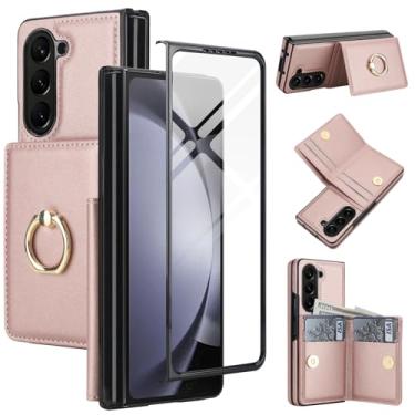 Imagem de Capa carteira para Samsung Galaxy Z Fold 5 com suporte de anel, capa flip protetora de 360° com compartimentos para cartões, bolso para dinheiro e protetor de tela para homens e mulheres (ouro rosa)