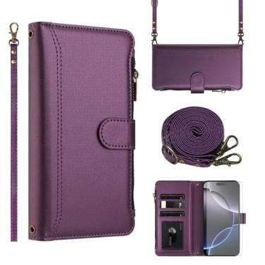 Imagem de Asuwish Capa de telefone para iPhone 16 Pro Max 6,9 polegadas com protetor de tela de vidro temperado transversal de couro flip zíper suporte para cartão de crédito celular i Phone16 16Pro i16 ProMax