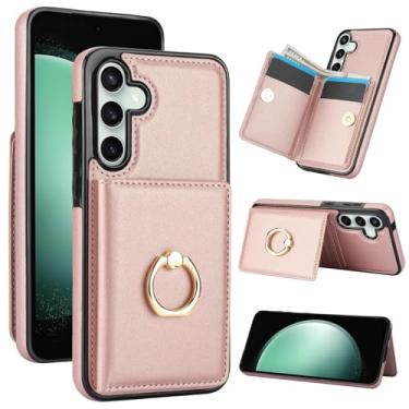 Imagem de Capa carteira para Samsung Galaxy S25 Plus de 6,7 polegadas com suporte para cartão, capa de couro com bloqueio RFID, suporte de anel giratório de 360° com fecho magnético à prova de choque (ouro rosa