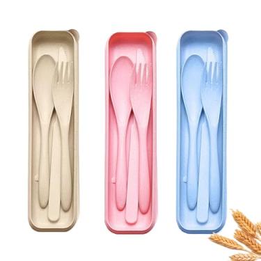 Imagem de Pacote com 3 utensílios de palha de trigo, reutilizável com estojo, utensílios portáteis de viagem, garfo e faca para adultos, crianças, escritório, escola, piquenique, lancheira (azul, bege, rosa)
