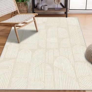 Imagem de MUJOO Tapete lavável 7,5 x 12,5 cm, moderno, abstrato, antiderrapante, antiderrapante, tapete neutro bege e branco para sala de estar, quarto, entrada