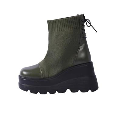 Imagem de Botas curtas modernas de perna elástica para mulheres inverno casual versátil bico redondo sólido cadarço traseiro fundo grosso salto cunha bota tornozelo, Verde militar, 35