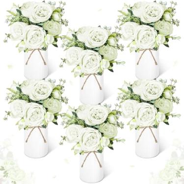 Imagem de Domensi 6 conjuntos de peças de centro florais de casamento para decoração de mesa, buquê de flores de seda de peônias artificiais com espuma de flores e vaso de metal, arranjo floral falso para chá