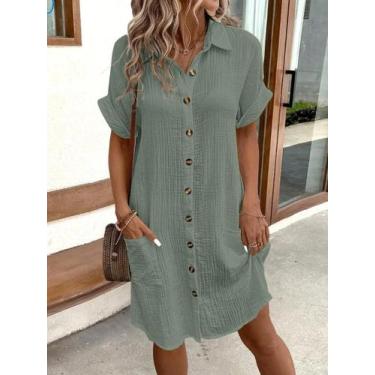 Imagem de Vestido Feminino Vintage Mini - Algodão e Linho - Decote V e Manga 3/4