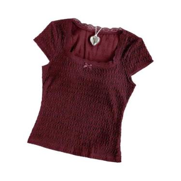 Imagem de Camiseta Feminina De Renda Com Decote Redondo, Slim, De Manga Curta, E