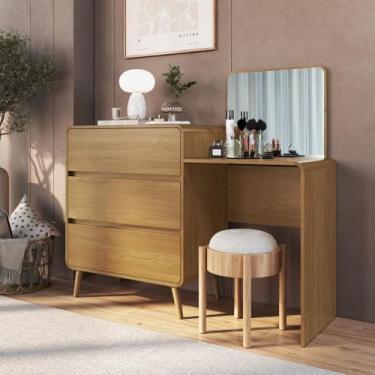 Imagem de Cômoda Penteadeira Multifuncional com Espelho e 3 Gavetas Grande para Quarto Estilo Retrô