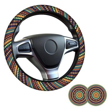 Imagem de Capa de volante boho, capa de volante de neoprene antiderrapante, acessórios de carro estilo étnico para mulheres e homens, ajuste universal de 38 cm para automóvel, SUVS, inclui 2 porta-copos de