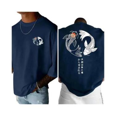 Imagem de Camiseta Masculina Casual De Verão Em Algodão Com Estampa Koi Harajuku